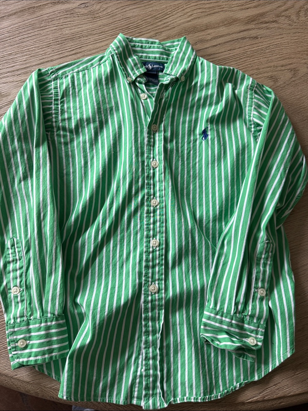Ralph Lauren Green & White Vertical Stripe Button-Down Shirt, kids sized 8/10